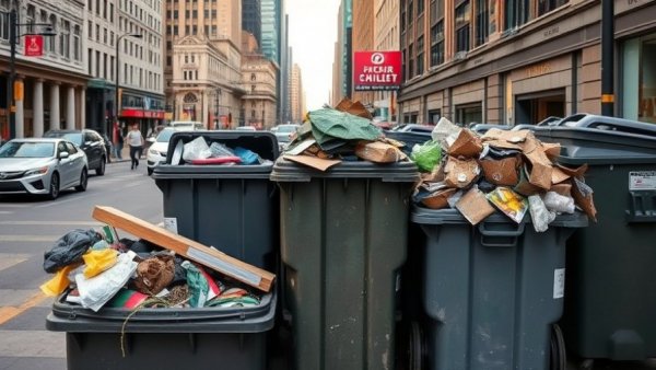 Philadelphia street with waste bins and litter, urban waste scene.