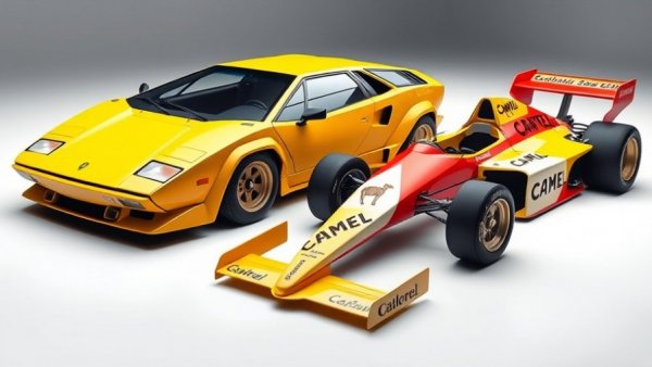 Lamborghini Countach and Formula One car with Camel branding in studio.
