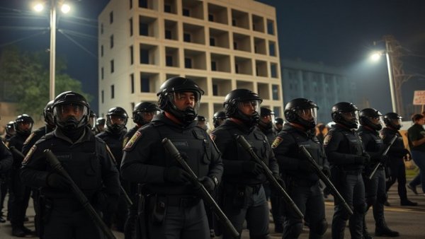 Minneapolis immigration protests with riot police at night.