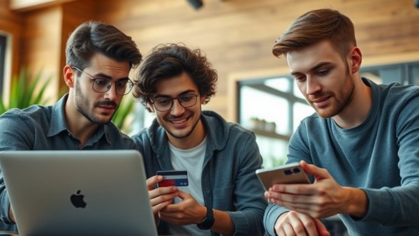 Young men using credit cards and a laptop in a cozy room.