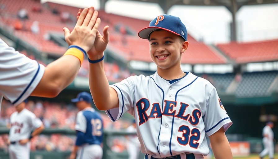 Young baseball player celebrating with teammates in vibrant stadium.