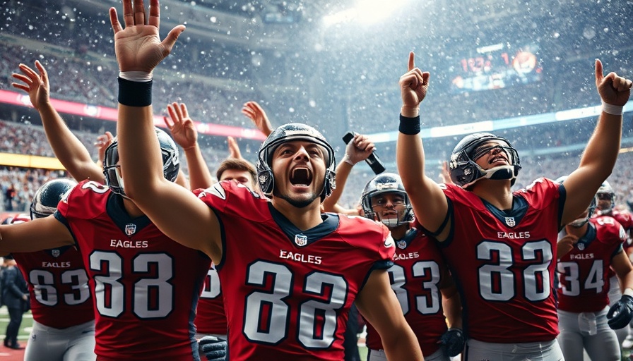 Eagles players celebrate in snowy stadium, photorealistic scene.