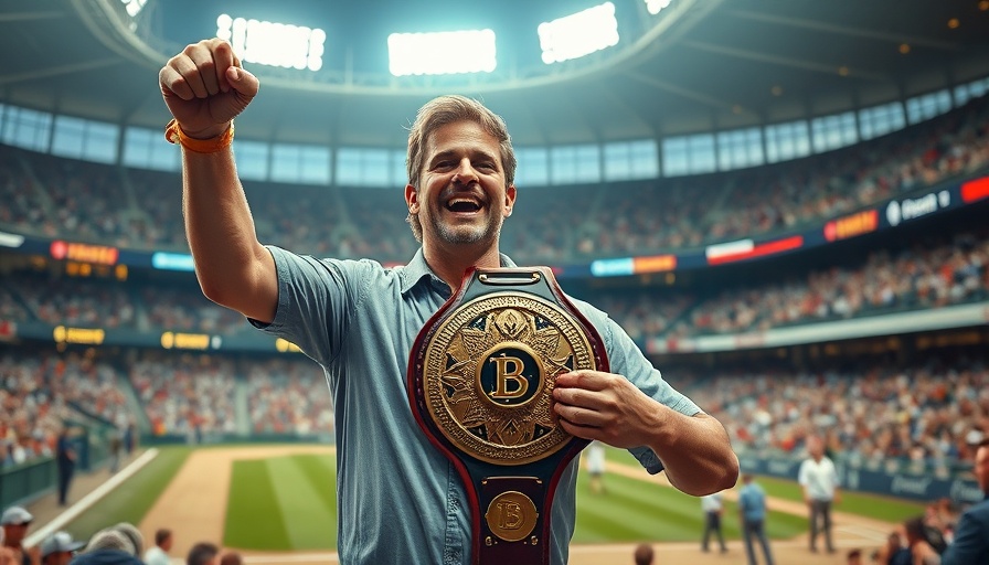 Excited man with championship belt at sporting event.