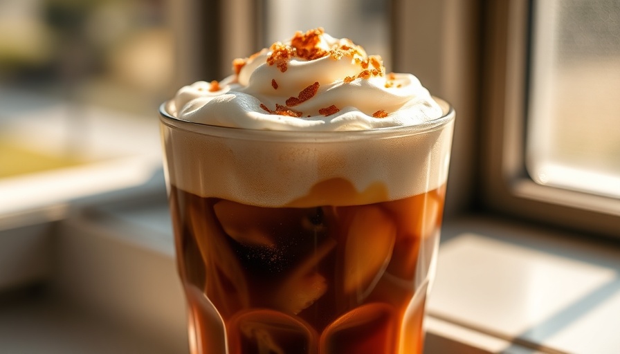 Glass of iced coffee in sunlit Philly coffee shop.