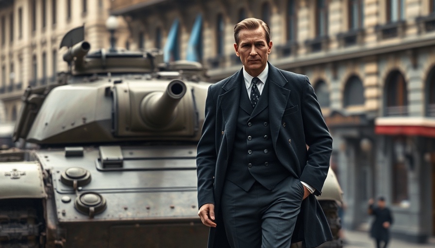 Historical scene with man near tank echoing Ukraine and Cold War.