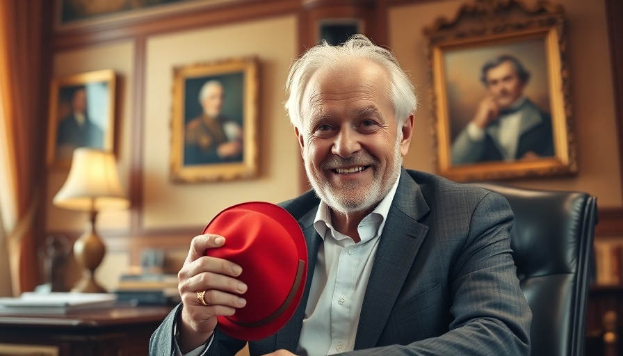 Elderly man in office holding a red hat with a smile, conveying warmth.