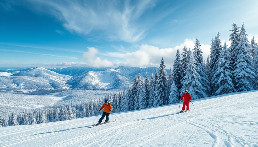 Epic Ski Pass Sale: Vibrant skiers on snowy mountain with frosted trees.