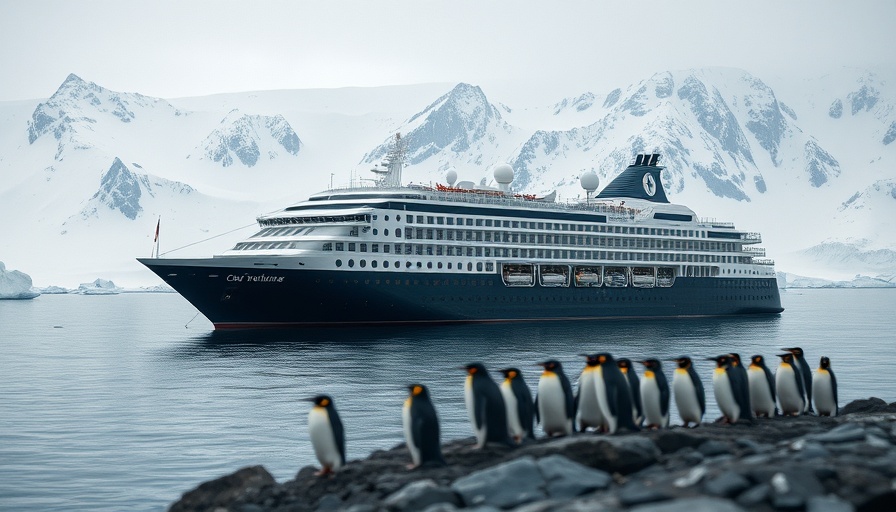 Luxury cruise ship near snowy mountains and penguins, Best Adult Cruise Lines for 2025.