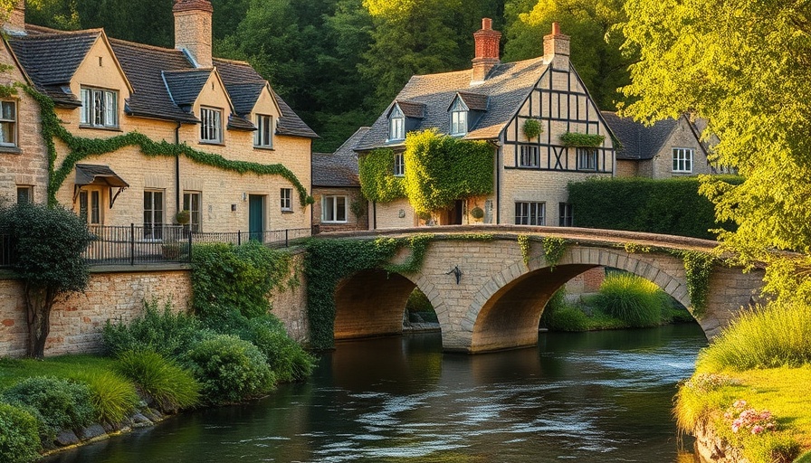 Charming Cotswold village with stone bridge and cottages.