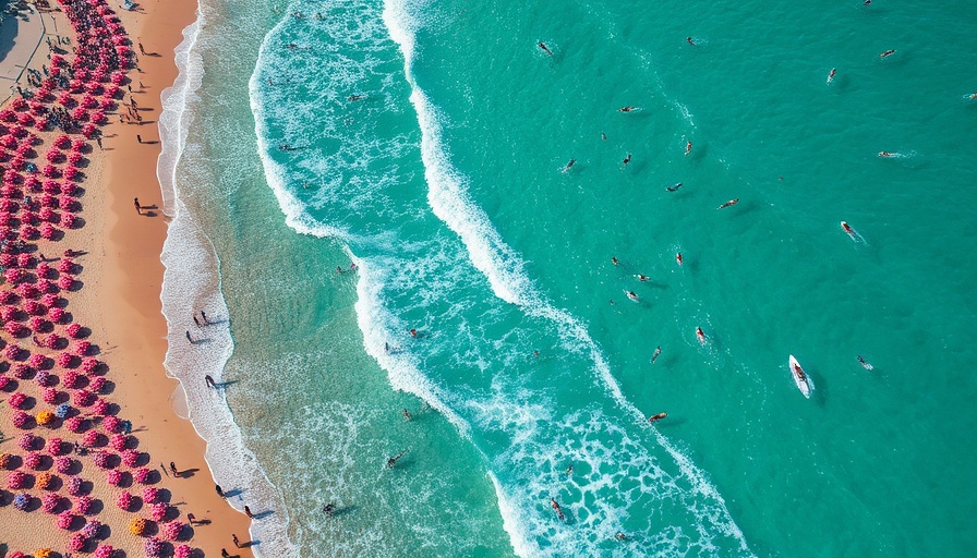 Aerial view of a vibrant beach on the Amalfi Coast with turquoise waters and colorful umbrellas.