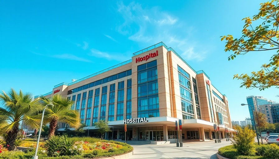 Modern hospital building in South Jersey with clear sky and greenery