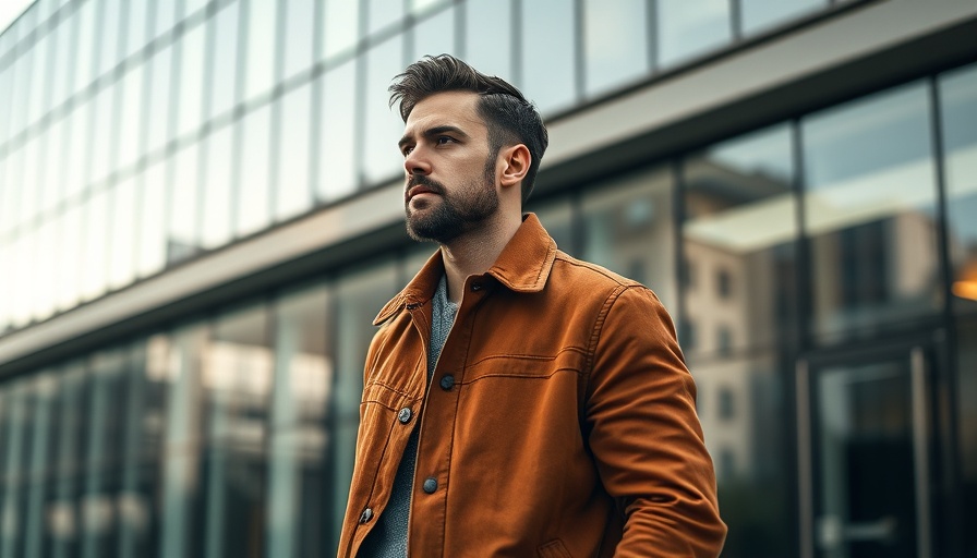 Stylish man in rust jacket, modern architecture backdrop.