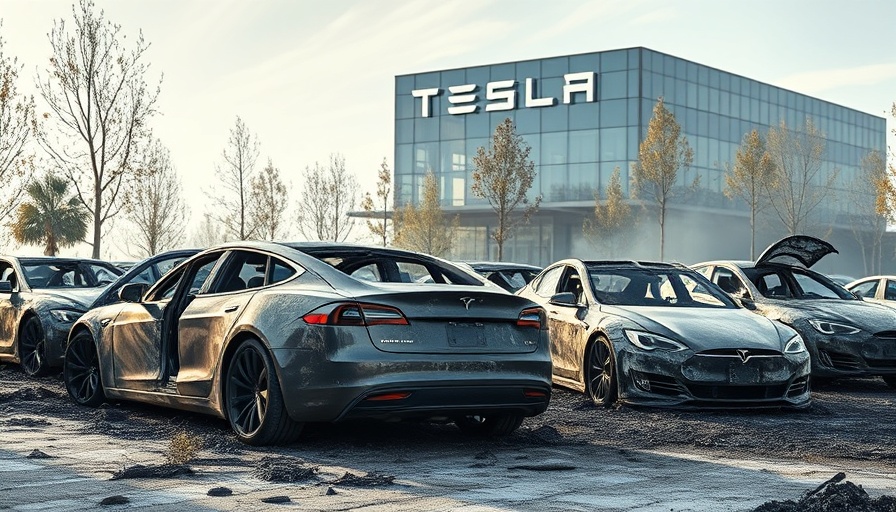 Burned Tesla cars at dealership highlighting Tesla Backlash.