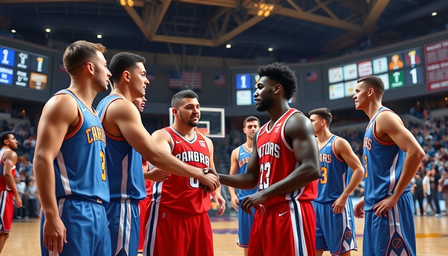 Basketball team handshake after game in sports arena.