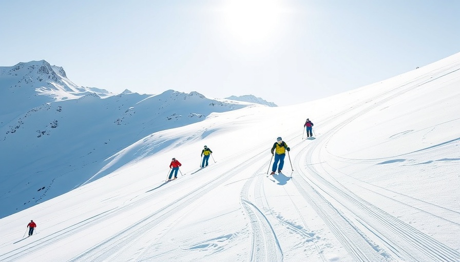 Skiers descend snowy Indy Pass hill in bright daylight.