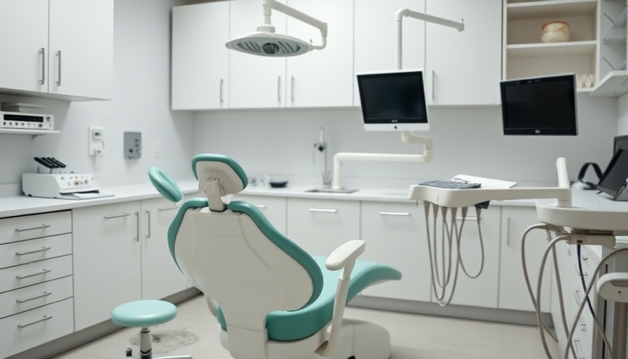 Modern dental office setup with tools and mint-green chair.