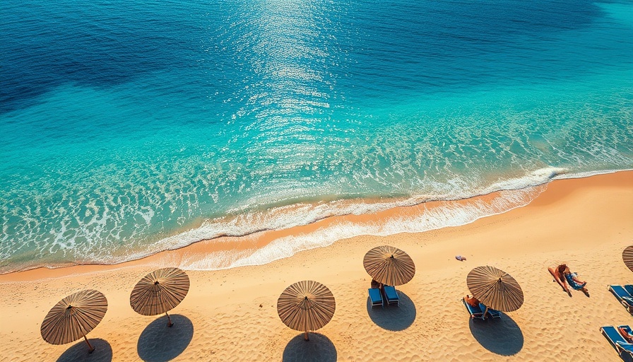 Scenic view of one of the best beaches in Greece with straw umbrellas.