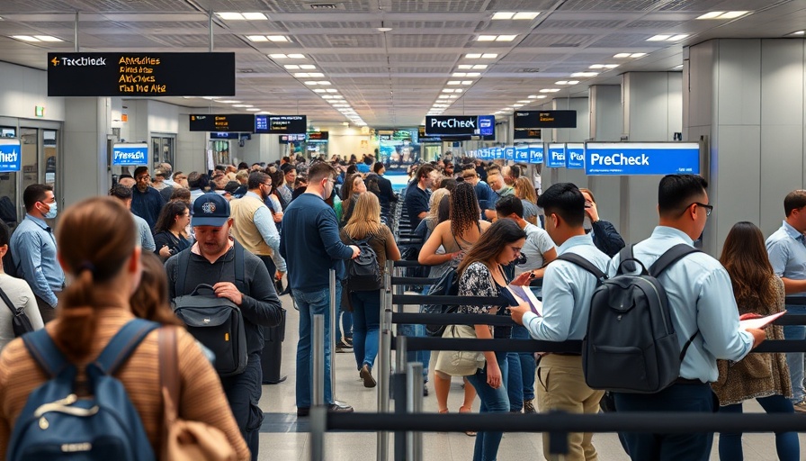Passengers at TSA PreCheck line with blue signs, airport scene.