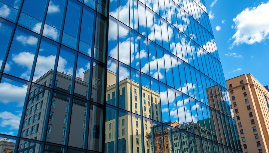 Modern building in University City with reflective glass facade and cityscape.