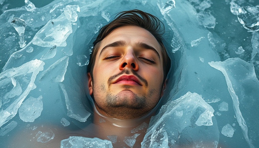 Peaceful man enjoying cold plunge benefits, surrounded by ice.