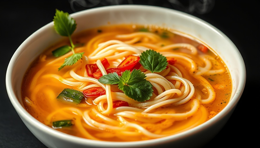 Delicious Vietnamese noodle soup, fresh herbs served.