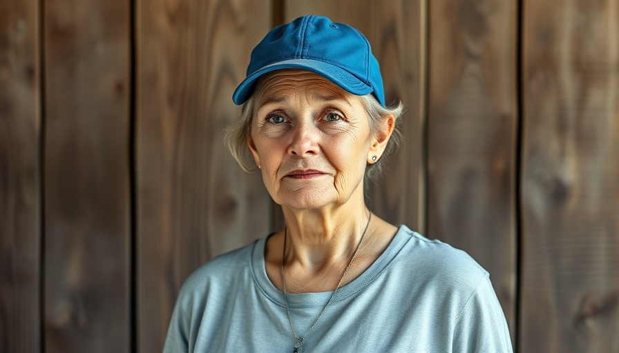 Middle-aged woman in blue cap standing against wooden wall.