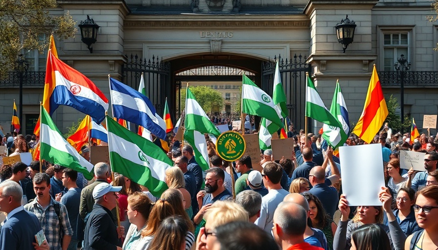 Protest at university, diverse crowd with flags, Columbia University funding cut.