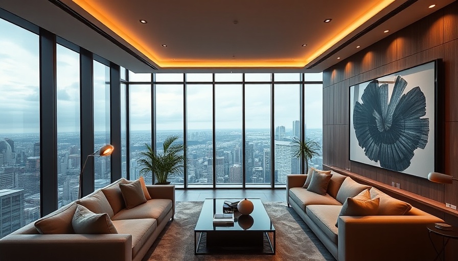 Luxury condo living room with city view and stylish decor.