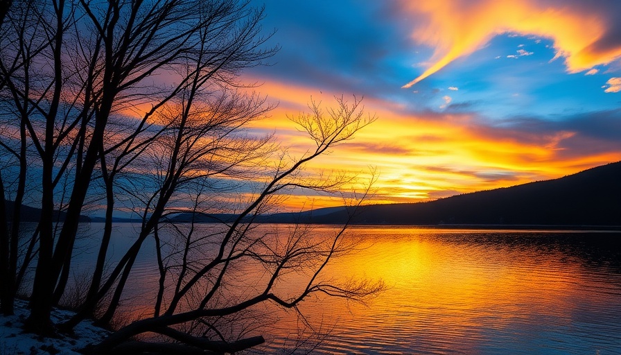 Scenic sunset over calm lake in Maine landscape.