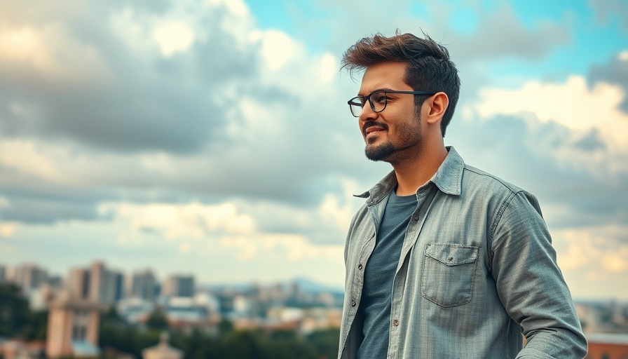 Casual man outdoors with urban landscape