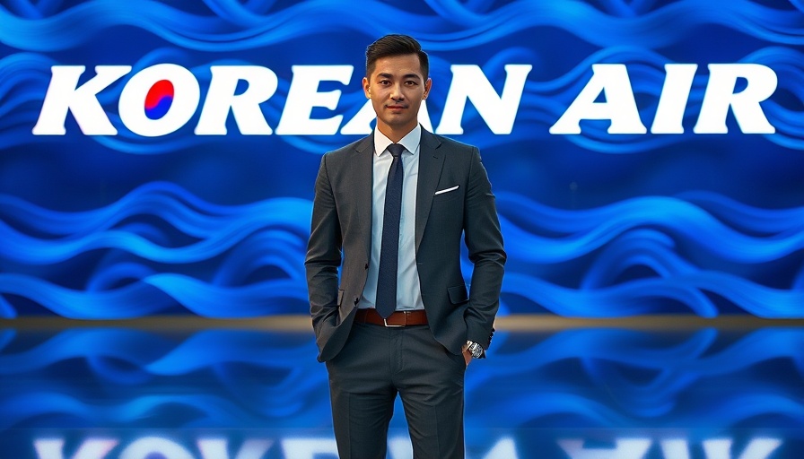 Modern man at Korean Air display, showcasing premium branding.