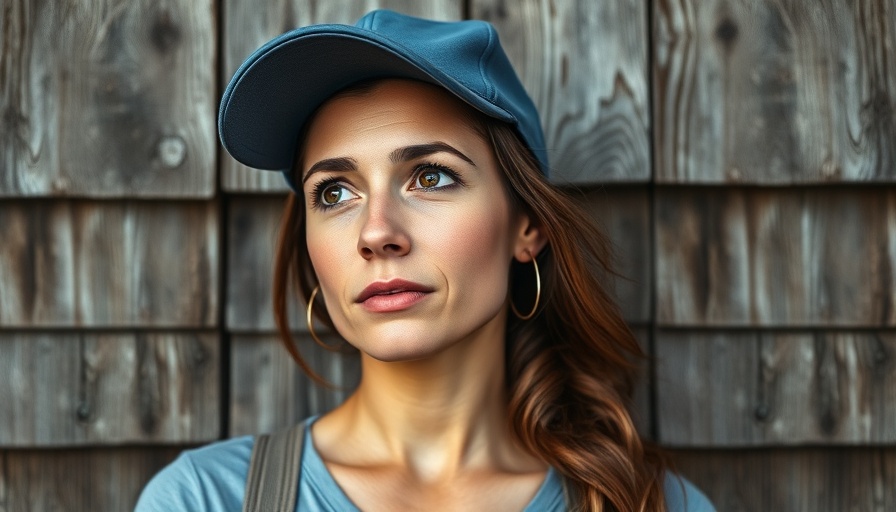 Confident woman in blue cap with rustic wooden wall background.