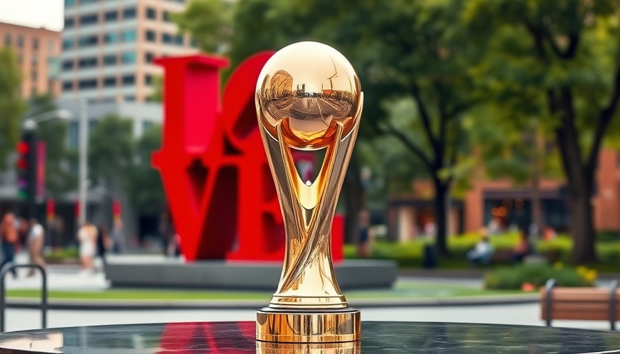 PGA Championship trophy in front of Philadelphia LOVE sculpture, 2026.