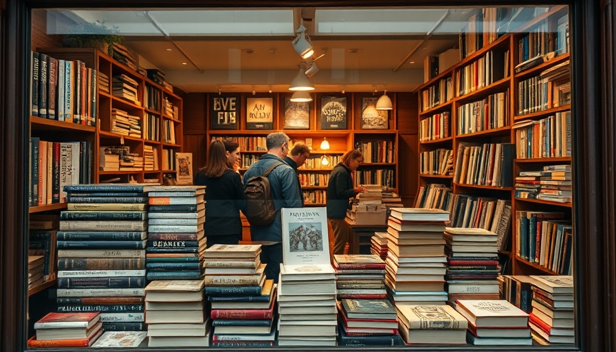Charming vintage bookstore window display with books and visitors.