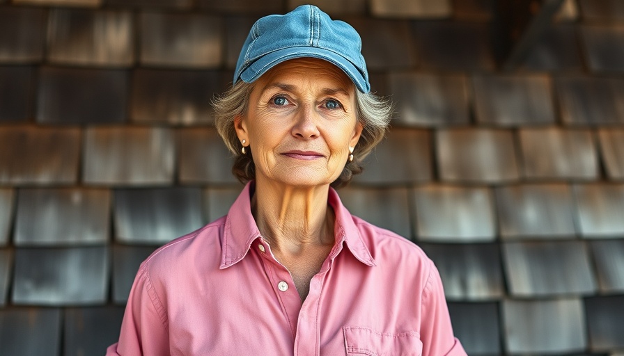 Casually dressed woman, serene expression, standing against rustic wood.