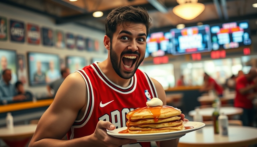 March Madness bets theme with man and pancakes in diner setting.
