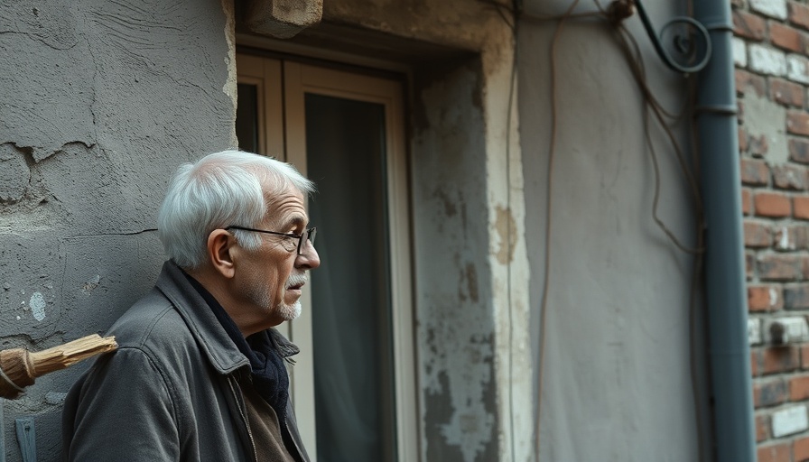 Elderly individual looking out from a decayed building window highlighting World Happiness Report flaws.