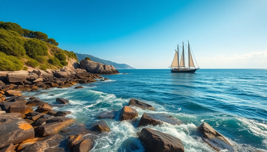 Sailing ship near a rocky shore at a top East Coast beach town.