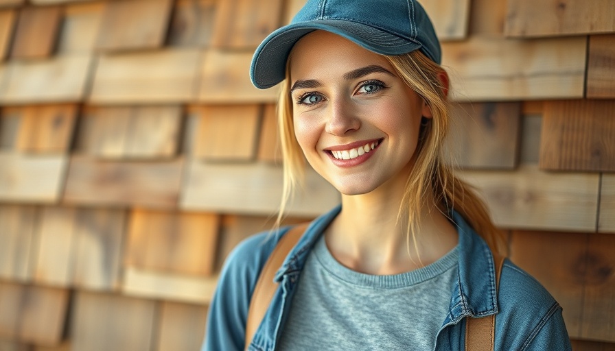 Woman with blue cap smiling gently against rustic wooden background.