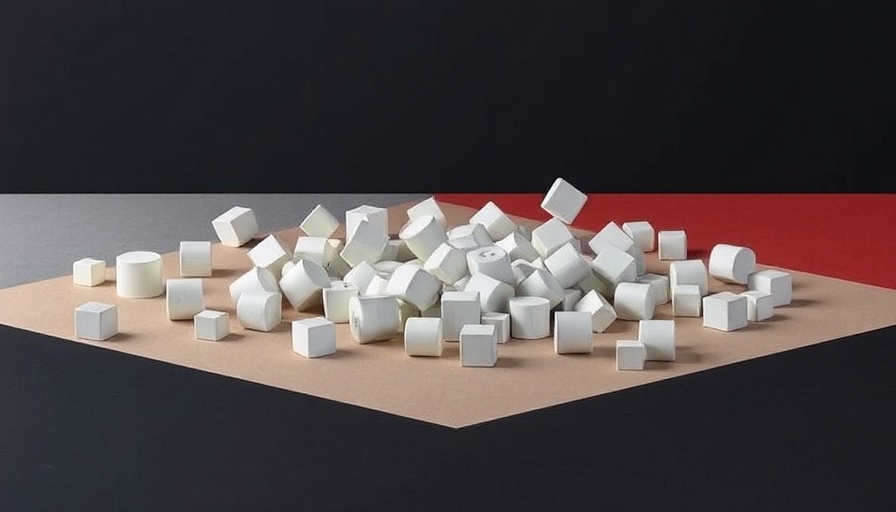 Abstract depiction of disruption in music and politics with scattered cubes.