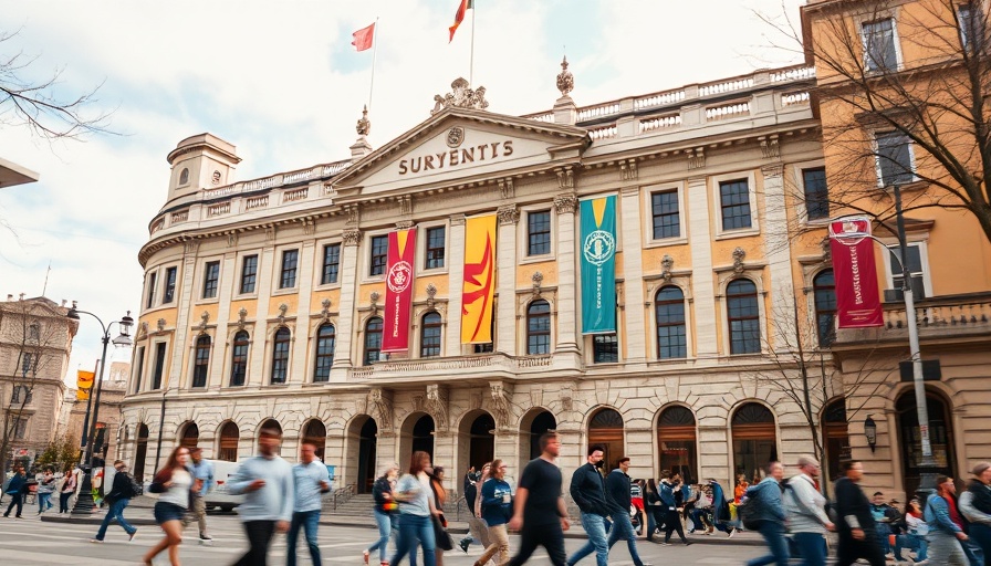 UArts campus exterior with colorful banners, students walking.