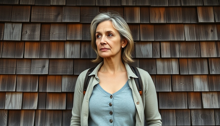 Middle-aged woman standing in front of rustic wall, reflecting on future.