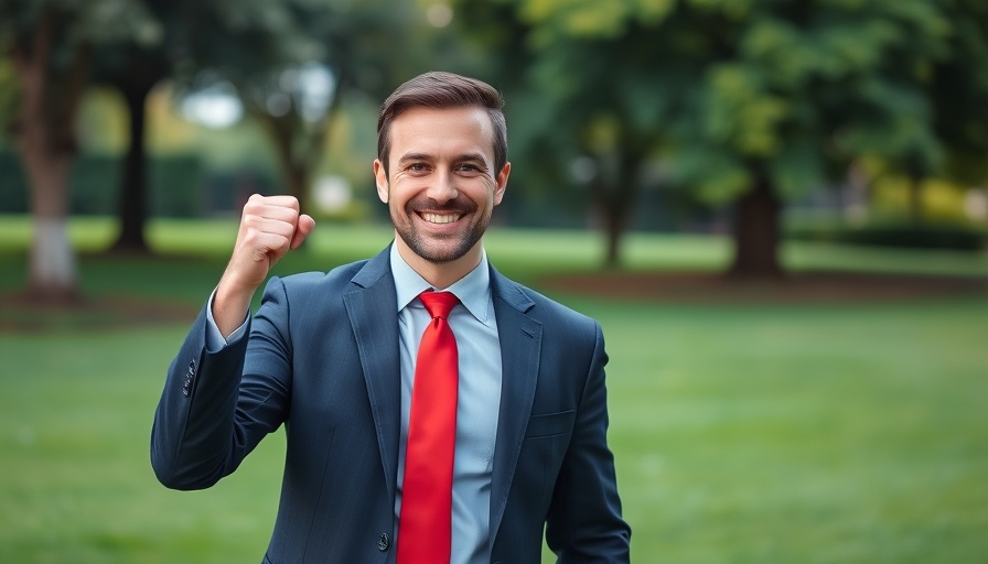 Confident businessman raising fist on green lawn.