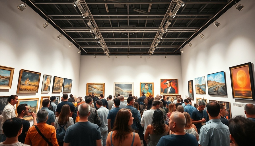 Art Basel Hong Kong gallery with crowd viewing paintings, vibrant atmosphere.