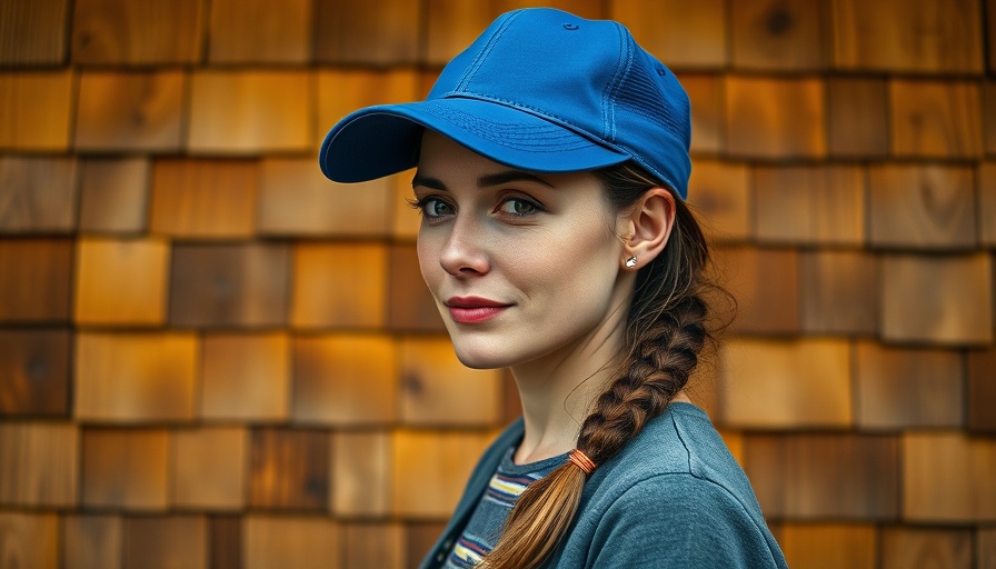 Woman in blue cap standing in front of wooden shingles, political engagement concept.