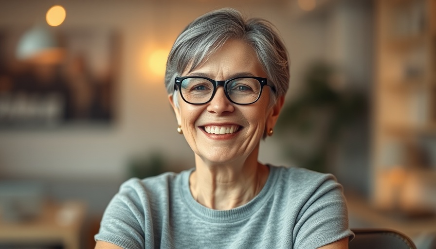 Smiling woman indoors, soft lighting and warm tone.