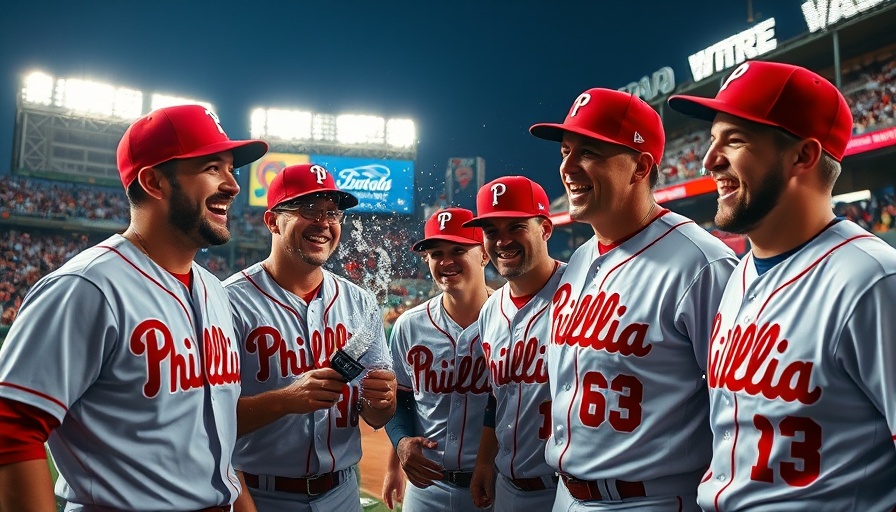 Philadelphia players celebrate with water on baseball field.
