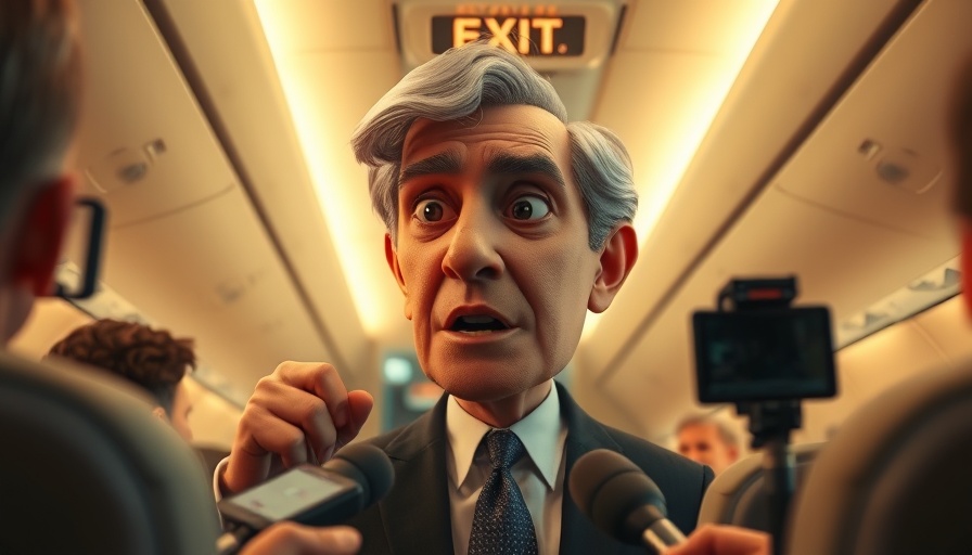 Animated character in airplane, assertively addressing reporters, reflects Trump's War on Big Law theme.