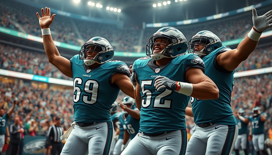 Philadelphia Eagles players celebrating on the field in stadium.