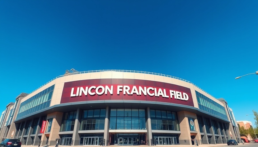Lincoln Financial Field exterior with signage, clear sky.